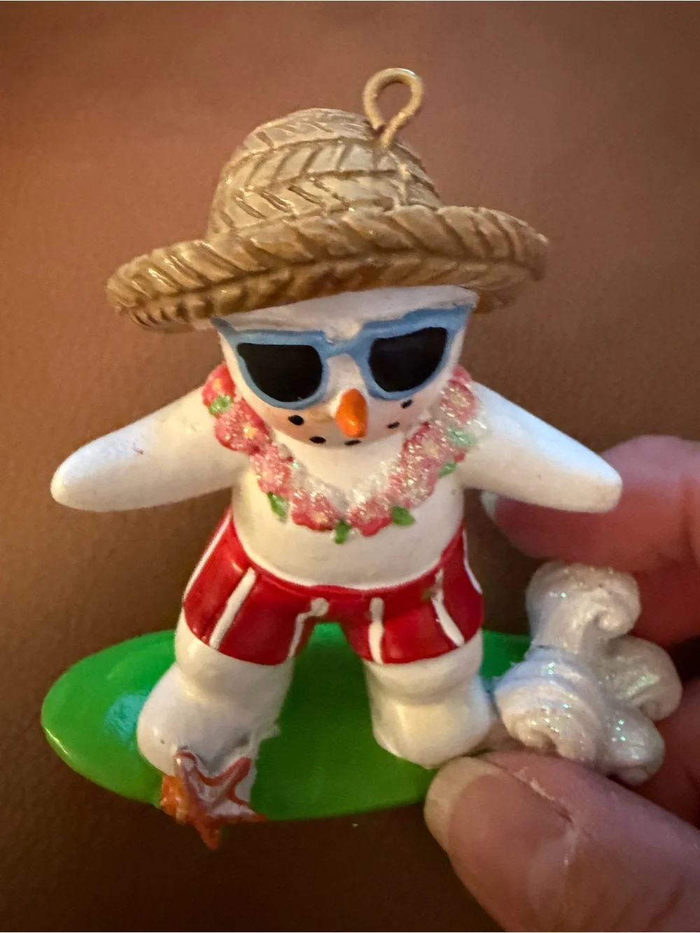 Snowman Hawaiian on Surfboard Christmas Ornament